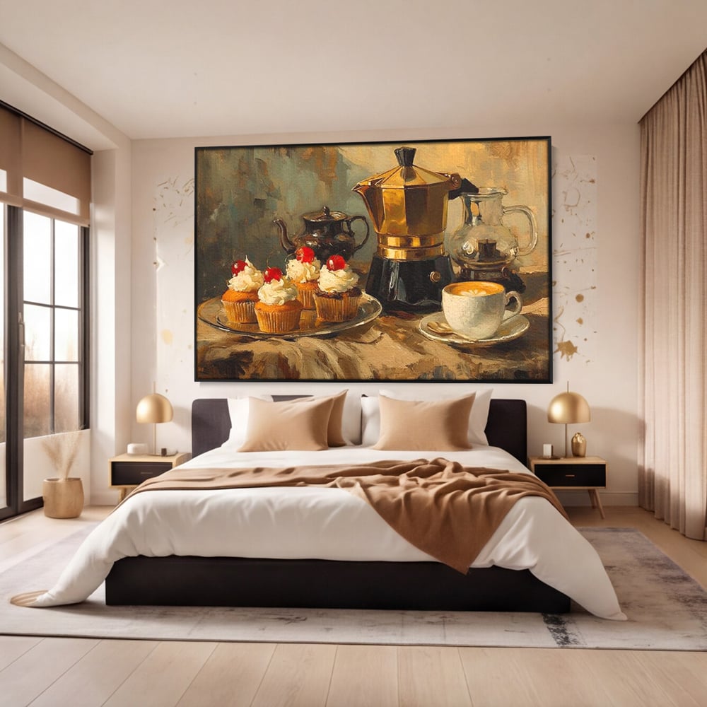 Tablou canvas cu pictura statica cu briose si cafea, in rama de aluminiu negru, pe perete intr-un dormitor